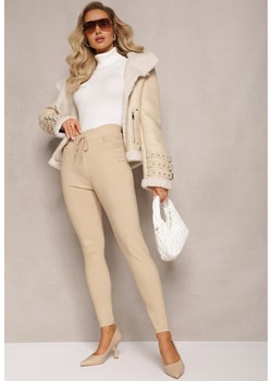 Beżowe Spodnie z Elastycznej Bawełny z Marszczoną Gumką w Pasie Achome ze sklepu Renee odzież w kategorii Spodnie damskie - zdjęcie 164877153