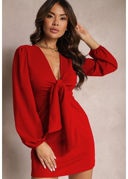 Czerwona Sukienka Mini z Trójkątnym Dekoltem z Wiązaniem i Bufiastymi Rękawami Hemiotta ze sklepu Renee odzież w kategorii Sukienki - zdjęcie 164877353