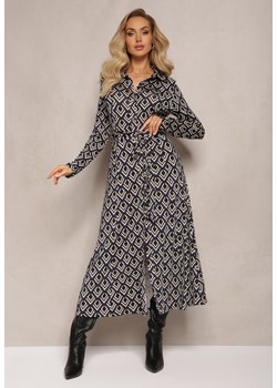 Granatowa Koszulowa Sukienka Maxi w Geometryczny Wzór z Paskiem Oniufe ze sklepu Renee odzież w kategorii Sukienki - zdjęcie 164882441