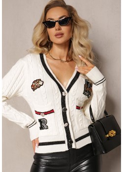 Biały Wiskozowy Sweter Kardigan z Biżuteryjnymi Guzikami i Ozdobnymi Naszywkami Puanissa ze sklepu Renee odzież w kategorii Swetry damskie - zdjęcie 164882501