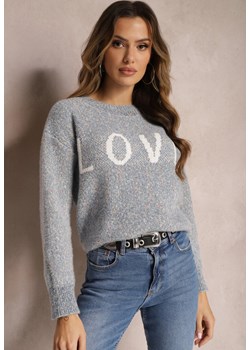 Granatowy Sweter z Ozdobnym Napisem Wykończony Ściągaczami Minisoji ze sklepu Renee odzież w kategorii Swetry damskie - zdjęcie 164899740