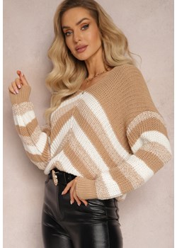 Ciemnobeżowy Dzianinowy Sweter w Paski Hlenora ze sklepu Renee odzież w kategorii Swetry damskie - zdjęcie 164928061
