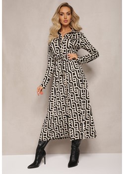 Beżowo-Czarna Koszulowa Sukienka Maxi w Geometryczny Print Gelismi ze sklepu Renee odzież w kategorii Sukienki - zdjęcie 165003093