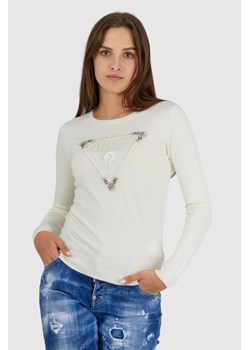 GUESS Kremowy sweterek damski z wyszywanym logo, Wybierz rozmiar S ze sklepu outfit.pl w kategorii Swetry damskie - zdjęcie 165008292