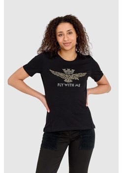 AERONAUTICA MILITARE Czarny t-shirt damski z orłem wykonanym z dżetów, Wybierz rozmiar XS ze sklepu outfit.pl w kategorii Bluzki damskie - zdjęcie 165008504