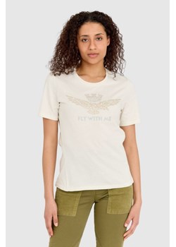AERONAUTICA MILITARE Kremowy t-shirt damski z orłem wykonanym z dżetów, Wybierz rozmiar XS ze sklepu outfit.pl w kategorii Bluzki damskie - zdjęcie 165008531