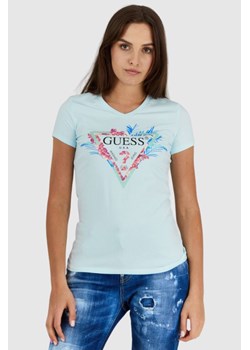 GUESS Błękitny t-shirt damski z logo z liśćmi i cyrkoniami, Wybierz rozmiar L ze sklepu outfit.pl w kategorii Bluzki damskie - zdjęcie 165008772