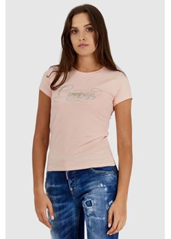 GUESS Brzoskwiniowy t-shirt damski z brokatowym logo, Wybierz rozmiar M ze sklepu outfit.pl w kategorii Bluzki damskie - zdjęcie 165008792