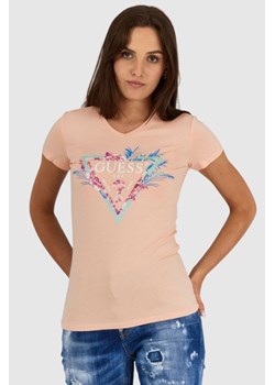 GUESS Brzoskwiniowy t-shirt damski z logo z liśćmi i cyrkoniami, Wybierz rozmiar S ze sklepu outfit.pl w kategorii Bluzki damskie - zdjęcie 165008812
