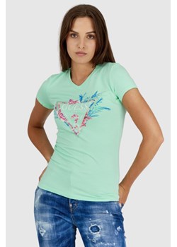 GUESS Jasnozielony t-shirt damski z logo z liśćmi i cyrkoniami, Wybierz rozmiar S ze sklepu outfit.pl w kategorii Bluzki damskie - zdjęcie 165008891