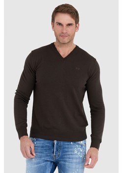LA MARTINA Brązowy sweter męski z wełną w serek, Wybierz rozmiar L ze sklepu outfit.pl w kategorii Swetry męskie - zdjęcie 165008974