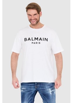 BALMAIN Biały t-shirt męski z drukowanym czarnym logo, Wybierz rozmiar L ze sklepu outfit.pl w kategorii T-shirty męskie - zdjęcie 165013673