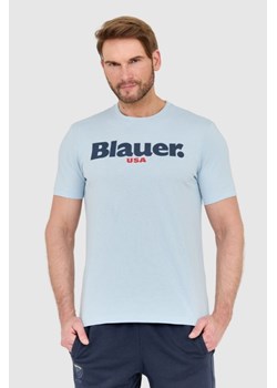 BLAUER Błękitny męski t-shirt z dużym logo, Wybierz rozmiar M ze sklepu outfit.pl w kategorii T-shirty męskie - zdjęcie 165013772