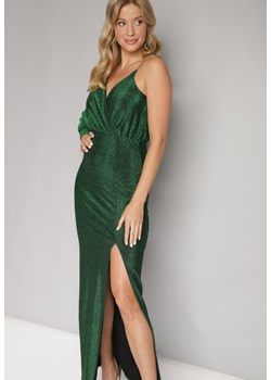 Zielona Błyszcząca Asymetryczna Sukienka Maxi z Rozcięciem i Kopertowym Dekoltem Aknasa ze sklepu Born2be Odzież w kategorii Sukienki - zdjęcie 165017282