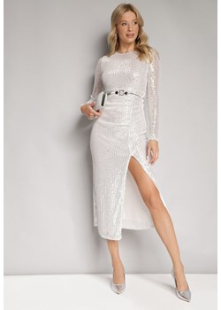 Biała Cekinowa Sukienka Midi z Rozcięciem i Okrągłym Dekoltem Ikuzza ze sklepu Born2be Odzież w kategorii Sukienki - zdjęcie 165017333