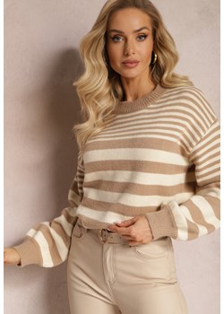 Beżowy Klasyczny Sweter w Paski ze Ściągaczami Nirru ze sklepu Renee odzież w kategorii Swetry damskie - zdjęcie 165017512
