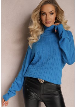 Niebieski Długi Golf z Kaszmirem i Zdobieniami na Dzianinie Juvie ze sklepu Renee odzież w kategorii Swetry damskie - zdjęcie 165017662