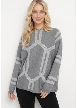 Szary Sweter z Geometrycznym Wzorem i Ściągaczami Buvania ze sklepu Born2be Odzież w kategorii Swetry damskie - zdjęcie 165034250