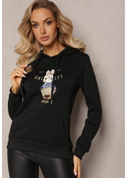 Czarna Ocieplana Bluza z Ozdobnym Nadrukiem i Kapturem Hitee ze sklepu Renee odzież w kategorii Bluzy damskie - zdjęcie 165045640
