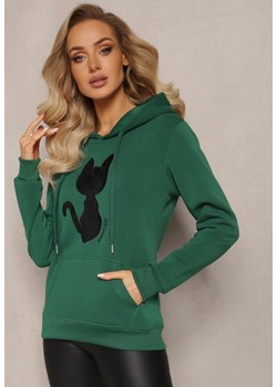 Zielona Bluza Kangurka z Czarnym Kotem i Kapturem Hummi ze sklepu Renee odzież w kategorii Bluzy damskie - zdjęcie 165045650