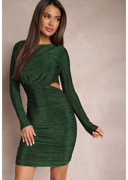 Zielona Dopasowana Sukienka Mini z Metaliczną Nitką i Wycięciami Kuninza ze sklepu Renee odzież w kategorii Sukienki - zdjęcie 165047784