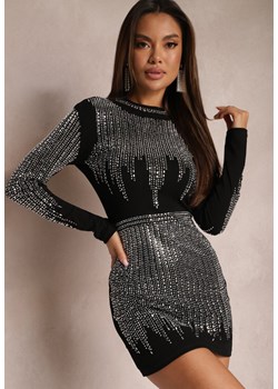 Czarno-Srebrna Sukienka Mini w Cyrkonie z Półgolfem Musettia ze sklepu Renee odzież w kategorii Sukienki - zdjęcie 165047894