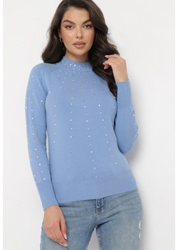 Niebieski Sweter z Golfem Ozdobiony Kompozycją z Cyrkonii Ruittes ze sklepu Born2be Odzież w kategorii Swetry damskie - zdjęcie 165093574