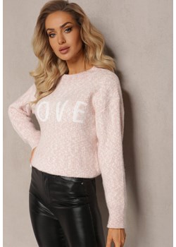 Różowy Sweter z Ozdobnym Napisem Wykończony Ściągaczami Minisoji ze sklepu Renee odzież w kategorii Swetry damskie - zdjęcie 165152523
