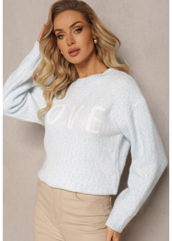 Jasnoniebieski Sweter z Ozdobnym Napisem Wykończony Ściągaczami Minisoji ze sklepu Renee odzież w kategorii Swetry damskie - zdjęcie 165152533