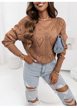Sweter w ażurkowe serduszka Melanie - odcienie brązu - odcienie brązu ze sklepu pakuten.pl w kategorii Swetry damskie - zdjęcie 165155804
