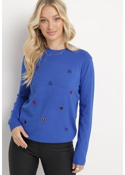 Niebieski Sweter z Kaszmirem i Naszywkami w Serca Juviena ze sklepu Born2be Odzież w kategorii Swetry damskie - zdjęcie 165158172