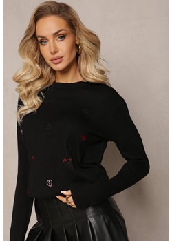 Czarny Sweter z Kaszmirem i Haftem w Serca Buvia ze sklepu Renee odzież w kategorii Swetry damskie - zdjęcie 165159810