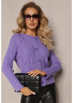 Fioletowy  Zapinany Kardigan w Warkoczykowy Splot Escrivine ze sklepu Renee odzież w kategorii Swetry damskie - zdjęcie 165159850