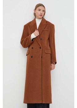 HUGO płaszcz wełniany kolor brązowy przejściowy dwurzędowy ze sklepu ANSWEAR.com w kategorii Płaszcze damskie - zdjęcie 165160290