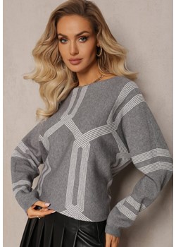 Szary Sweter z Okrągłym Dekoltem i Wzorem w Paski Busso ze sklepu Renee odzież w kategorii Swetry damskie - zdjęcie 165207404