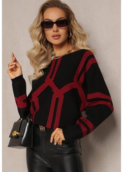 Czarny Sweter z Okrągłym Dekoltem i Wzorem w Paski Busso ze sklepu Renee odzież w kategorii Swetry damskie - zdjęcie 165207414