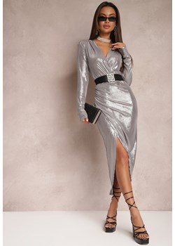 Srebrna Midi Sukienka o Dopasowanym Fasonie z Asymetryczną Zakładką Celestta ze sklepu Renee odzież w kategorii Sukienki - zdjęcie 165218684