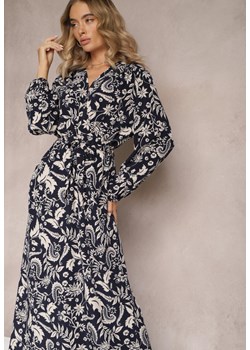 Granatowa Maxi Sukienka w Modny Print o Rozkloszowanym Kroju z Gumką w Talii Sindis ze sklepu Renee odzież w kategorii Sukienki - zdjęcie 165356523
