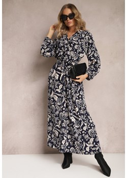 Granatowa Maxi Sukienka w Modny Print o Rozkloszowanym Kroju z Gumką w Talii Sindis ze sklepu Renee odzież w kategorii Sukienki - zdjęcie 165356524
