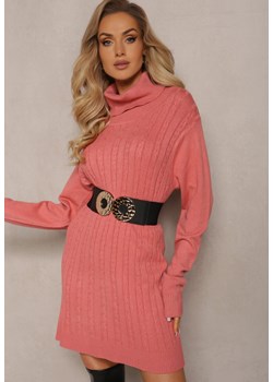 Różowy Długi Golf z Kaszmirem i Zdobieniami na Dzianinie Juvie ze sklepu Renee odzież w kategorii Sukienki - zdjęcie 165356643