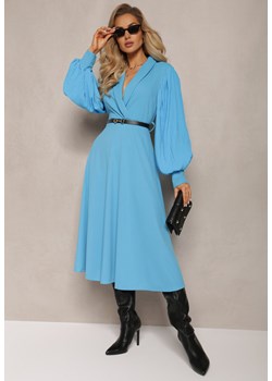 Niebieska Rozkloszowana Sukienka z Paskiem i Długim Rękawem Malaiyah ze sklepu Renee odzież w kategorii Sukienki - zdjęcie 165356703