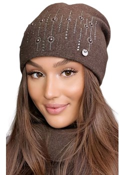 Wełniana czapka damska w kolorze brązowym z błyszczącą aplikacją ELENI, Kolor brązowy, Rozmiar one size, KAMEA ze sklepu Primodo w kategorii Czapki zimowe damskie - zdjęcie 165369184