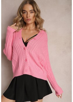 Różowy Zapinany Kardigan w Warkoczykowy Splot Escrivine ze sklepu Renee odzież w kategorii Swetry damskie - zdjęcie 165378493