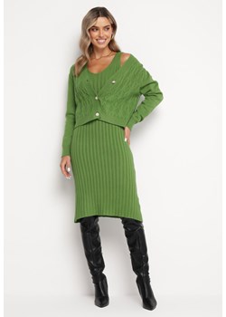 Zielony Prążkowany Komplet Dzianinowy z Kardiganem i Sukienką Selanor ze sklepu Born2be Odzież w kategorii Komplety i garnitury damskie - zdjęcie 165388812