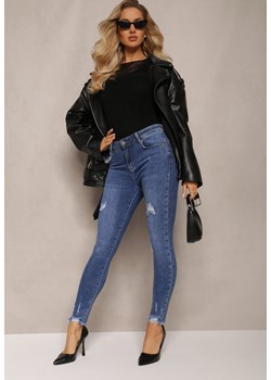 Granatowe Jeansy Skinny o Modelu Push Up z Przetarciami i Strzępieniami Eloina ze sklepu Renee odzież w kategorii Jeansy damskie - zdjęcie 165427740