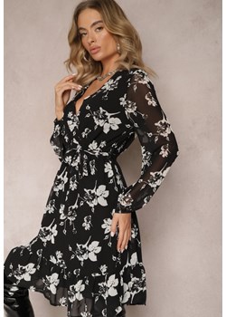 Czarna Rozkloszowana Sukienka Mini w Kwiaty i Gumką w Pasie Elandri ze sklepu Renee odzież w kategorii Sukienki - zdjęcie 165435933