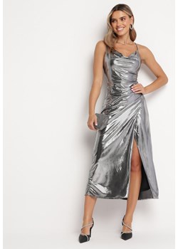 Srebrna Metaliczna Sukienka Maxi na Ramiączkach Divea ze sklepu Born2be Odzież w kategorii Sukienki - zdjęcie 165665644