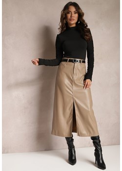 Ciemnobeżowa Trapezowa Spódnica Maxi z Imitacji Skóry Selariel ze sklepu Renee odzież w kategorii Spódnice - zdjęcie 165668134