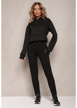 Czarne Dresowe Bawełniane Spodnie z Gumką w Talii i Sznurkiem z Ozdobnym Napisem Rissa ze sklepu Renee odzież w kategorii Spodnie damskie - zdjęcie 165668154