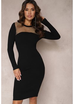 Czarna Sukienka Midi ze Sweterkowego Materiału z Dekoltem z Siateczki w Cyrkonie Lumino ze sklepu Renee odzież w kategorii Sukienki - zdjęcie 165668222
